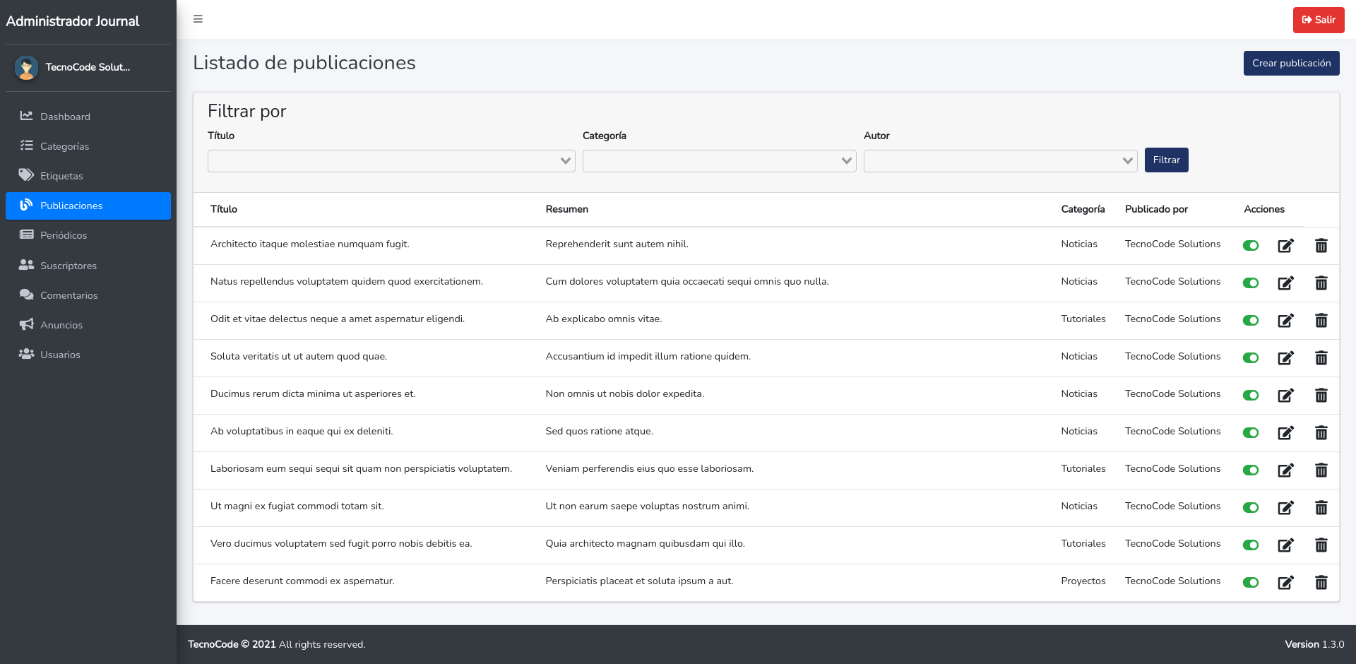 Posts administration panel, digital journal system.