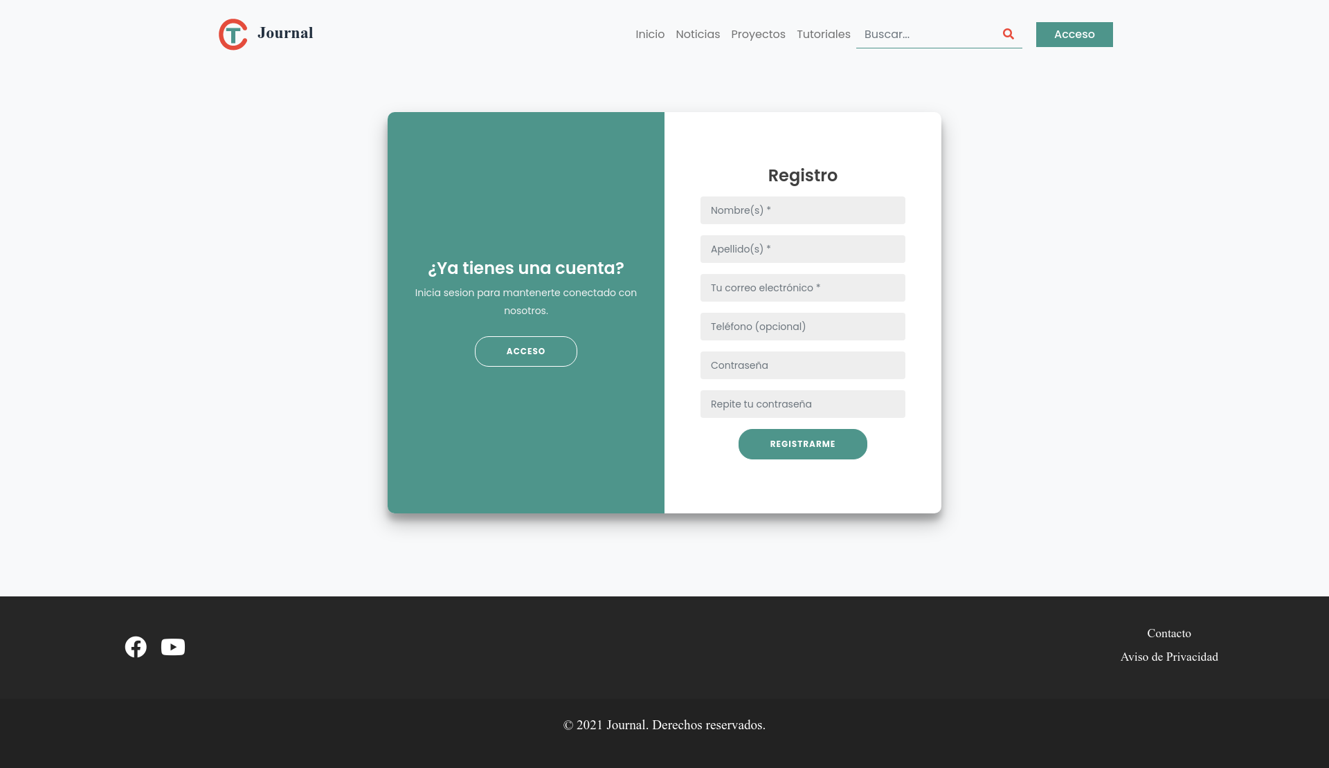 Website registration screen.